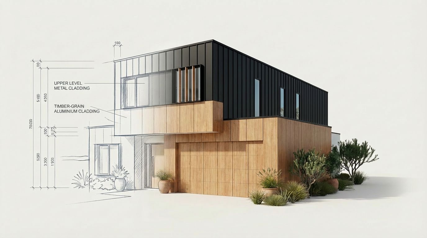 Architectural rendering showing upper-level metal cladding and timber-grain aluminium cladding on a two-storey home